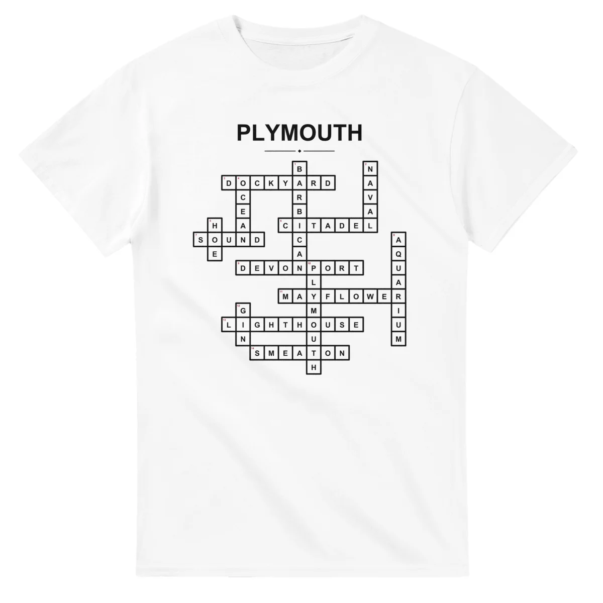 Monochrome crossword sheet for Plymouth, with a large place-name heading, a letter grid, and numbered across and down clues.