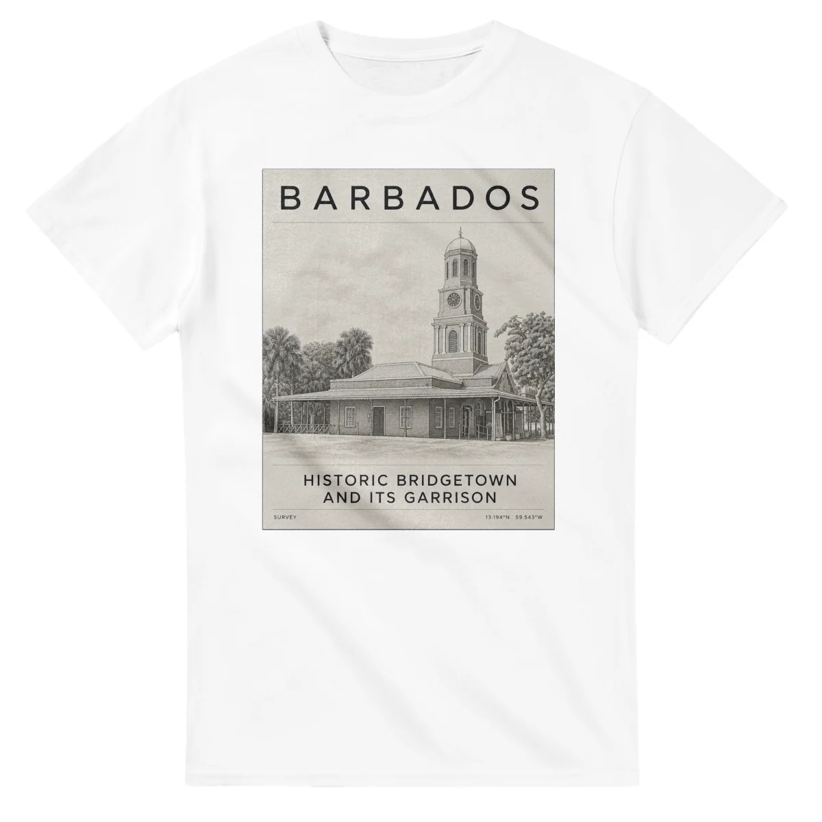 Fine-line engraving-style drawing for Barbados, with a landmark caption and small coordinate text.