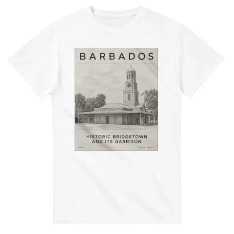 Fine-line engraving-style drawing for Barbados, with a landmark caption and small coordinate text.