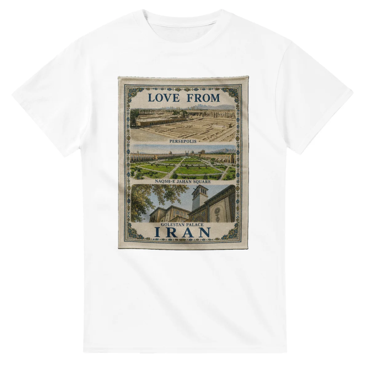Framed scenic design for Iran, with several local views, a decorative border and LOVE FROM lettering.