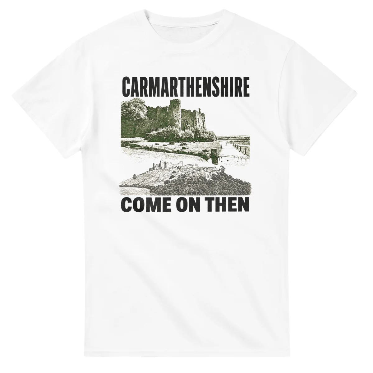 Two-colour scenic illustration for Carmarthenshire, with the place name and COME ON THEN lettering.