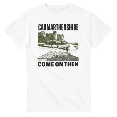 Two-colour scenic illustration for Carmarthenshire, with the place name and COME ON THEN lettering.