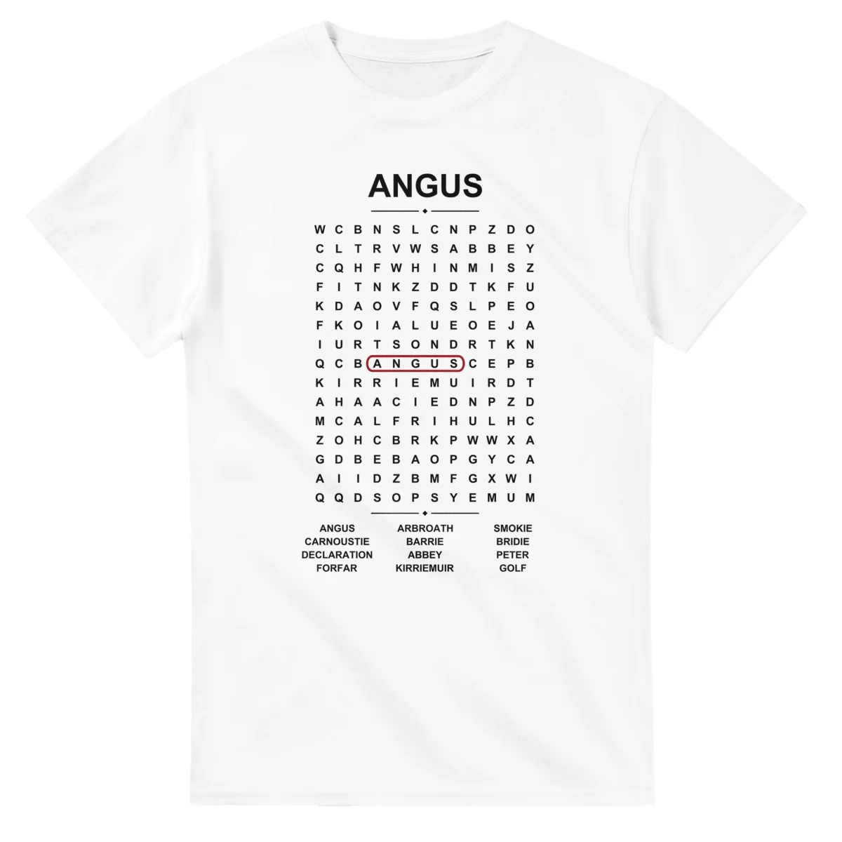 Word-search sheet for Angus, with a large place-name heading, a letter grid, a local answer list, and a red highlighted example word.