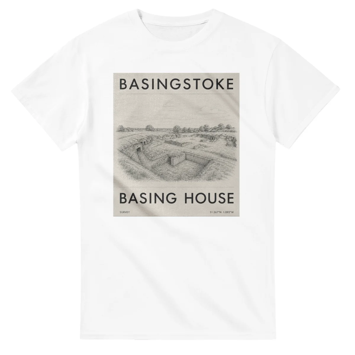 Fine-line engraving-style drawing for Basingstoke, with a landmark caption and small coordinate text.
