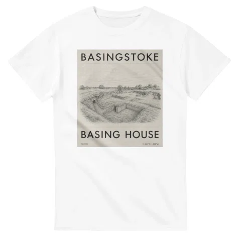 Fine-line engraving-style drawing for Basingstoke, with a landmark caption and small coordinate text.