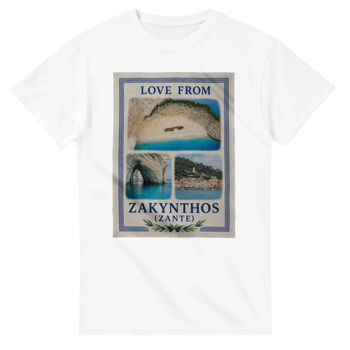 Framed scenic design for Zakynthos (Zante), with several local views, a decorative border and LOVE FROM lettering.