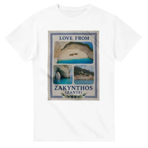 Framed scenic design for Zakynthos (Zante), with several local views, a decorative border and LOVE FROM lettering.