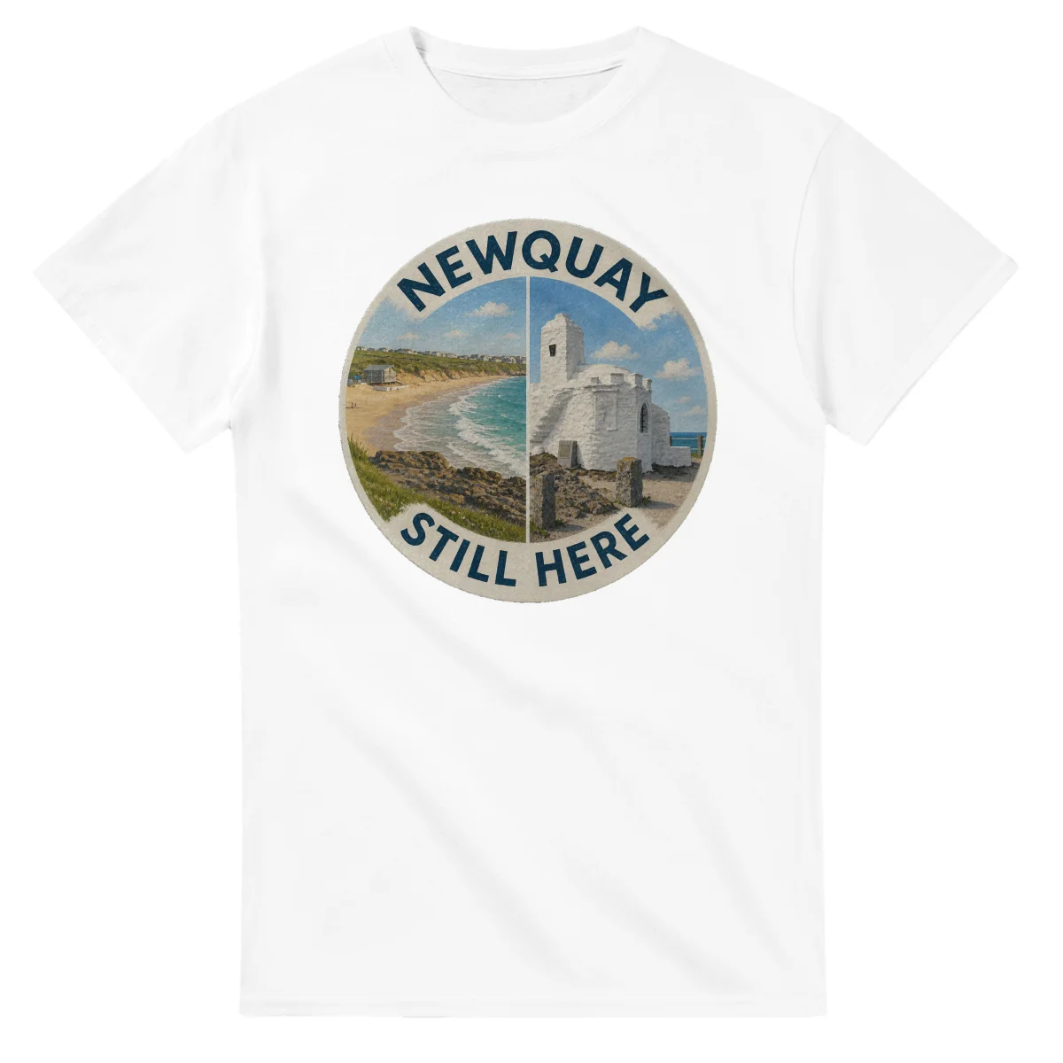 Painted, panelled scenic illustration for Newquay, with paired local scenes and the place name in lettering.
