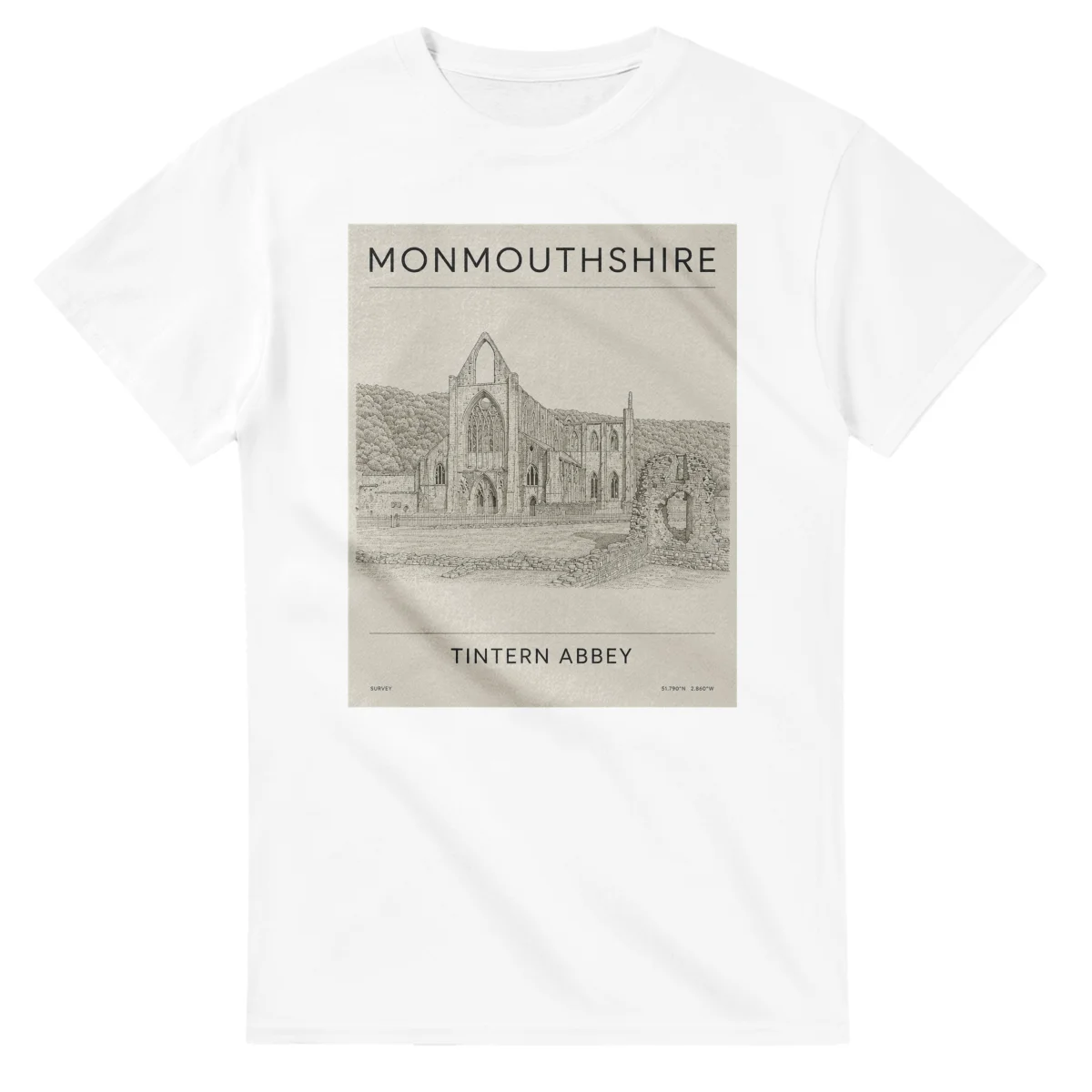 Fine-line engraving-style drawing for Monmouthshire, with a landmark caption and small coordinate text.