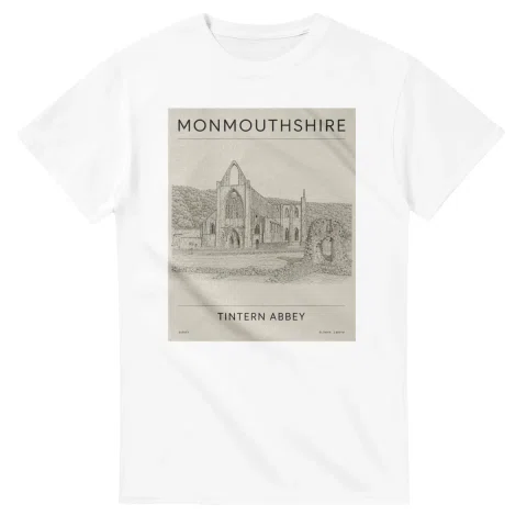 Fine-line engraving-style drawing for Monmouthshire, with a landmark caption and small coordinate text.