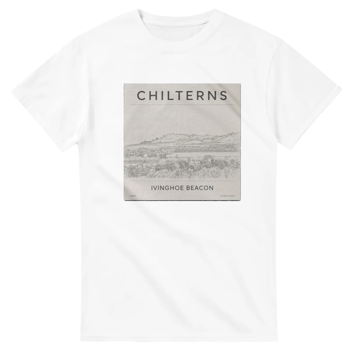 Fine-line engraving-style drawing for Chilterns, with a landmark caption and small coordinate text.