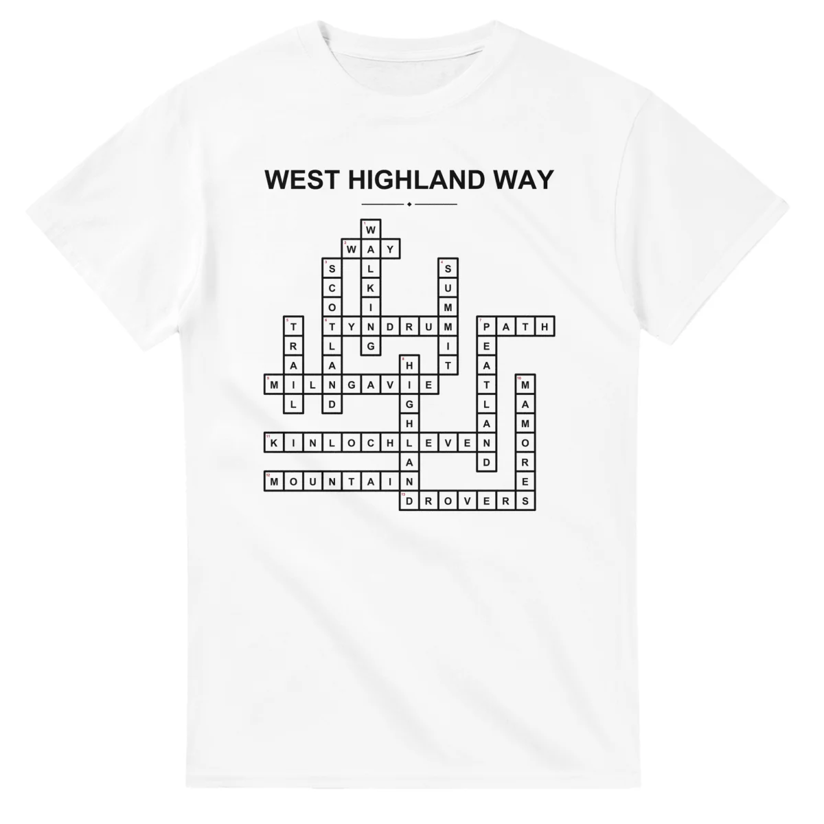 Monochrome crossword sheet for West Highland Way, with a large place-name heading, a letter grid, and numbered across and down clues.