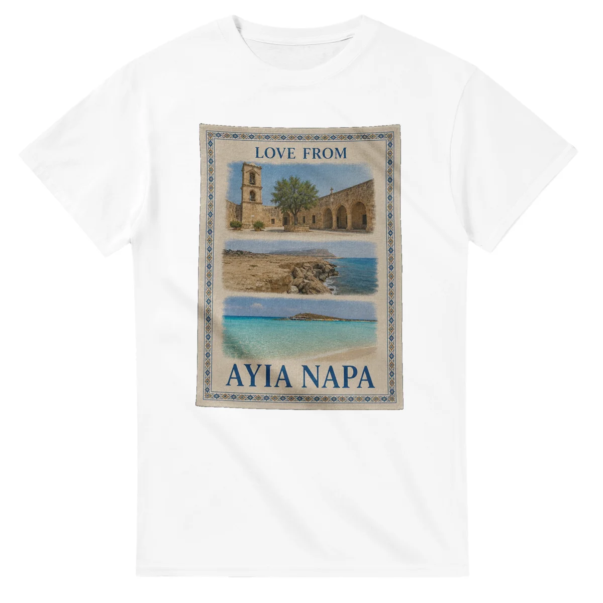 Framed scenic design for Ayia Napa, with several local views, a decorative border and LOVE FROM lettering.