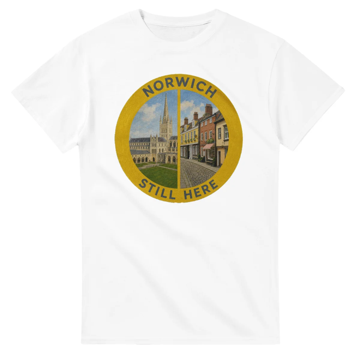 Painted, panelled scenic illustration for Norwich, with paired local scenes and the place name in lettering.