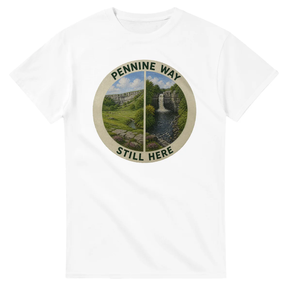 Painted, panelled scenic illustration for Pennine Way, with paired local scenes and the place name in lettering.