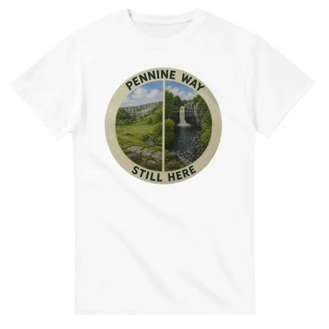 Painted, panelled scenic illustration for Pennine Way, with paired local scenes and the place name in lettering.