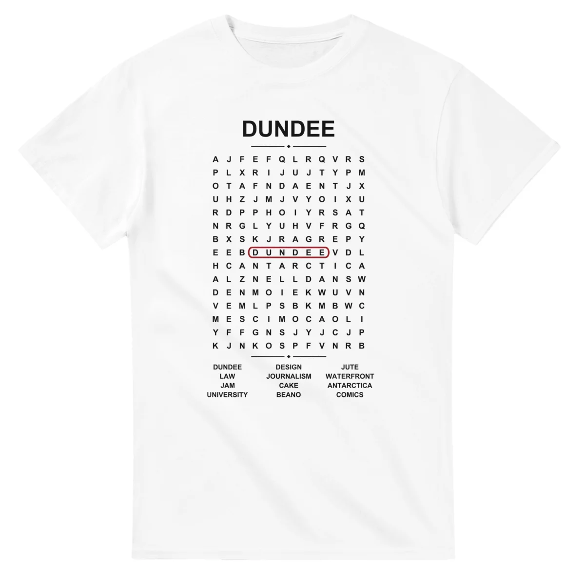 Word-search sheet for Dundee, with a large place-name heading, a letter grid, a local answer list, and a red highlighted example word.