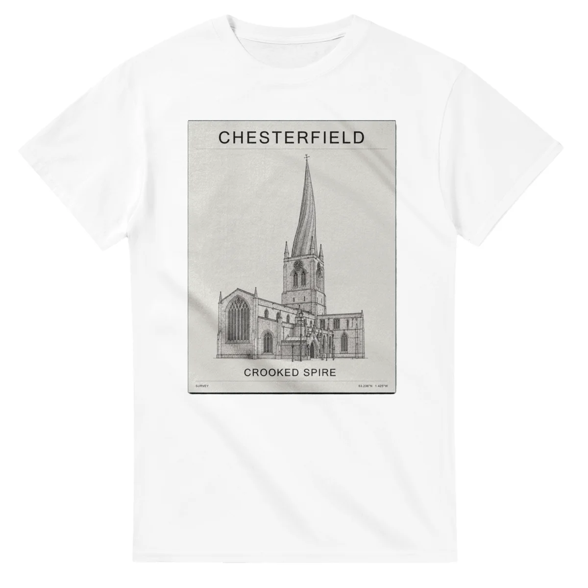 Fine-line engraving-style drawing for Chesterfield, with a landmark caption and small coordinate text.
