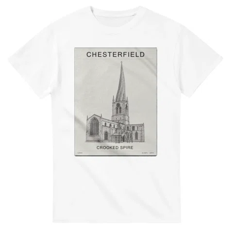 Fine-line engraving-style drawing for Chesterfield, with a landmark caption and small coordinate text.