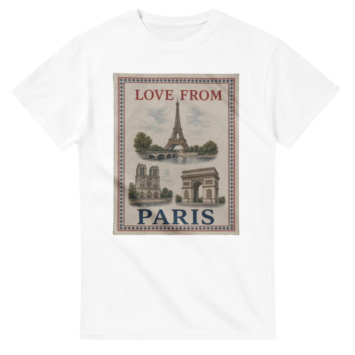 Framed scenic design for Paris, with several local views, a decorative border and LOVE FROM lettering.