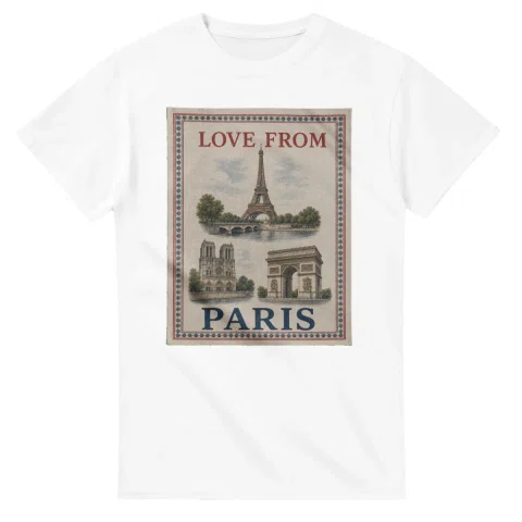 Framed scenic design for Paris, with several local views, a decorative border and LOVE FROM lettering.