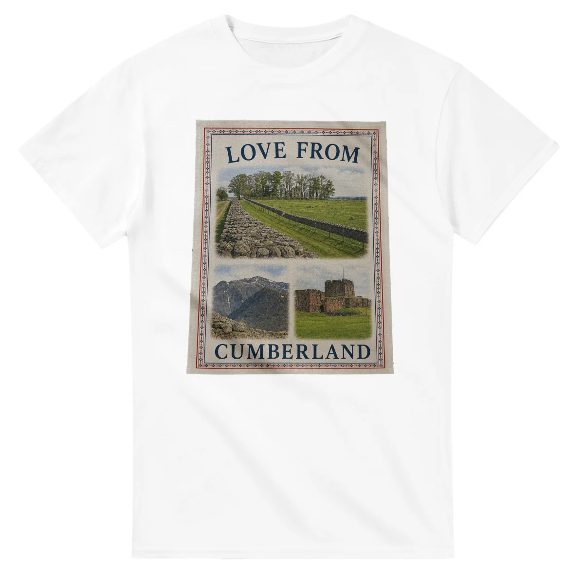 Framed scenic design for Cumberland, with several local views, a decorative border and LOVE FROM lettering.