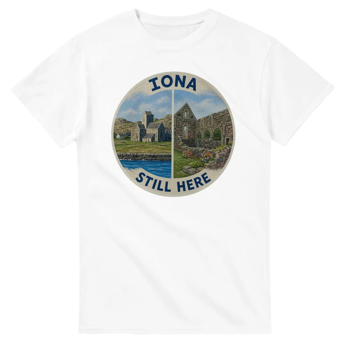 Painted, panelled scenic illustration for Iona, with paired local scenes and the place name in lettering.