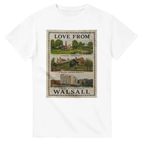Framed scenic design for Walsall, with several local views, a decorative border and LOVE FROM lettering.