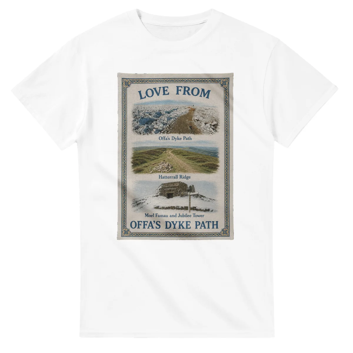 Framed scenic design for Offa's Dyke Path, with several local views, a decorative border and LOVE FROM lettering.