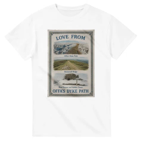 Framed scenic design for Offa's Dyke Path, with several local views, a decorative border and LOVE FROM lettering.