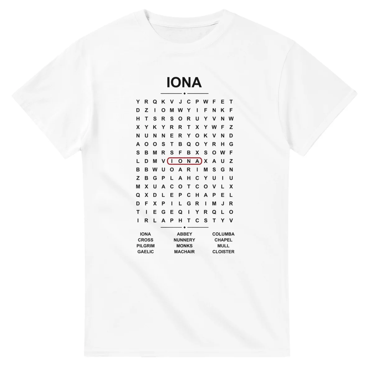 Word-search sheet for Iona, with a large place-name heading, a letter grid, a local answer list, and a red highlighted example word.