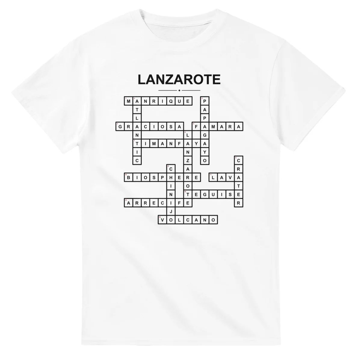 Monochrome crossword sheet for Lanzarote, with a large place-name heading, a letter grid, and numbered across and down clues.