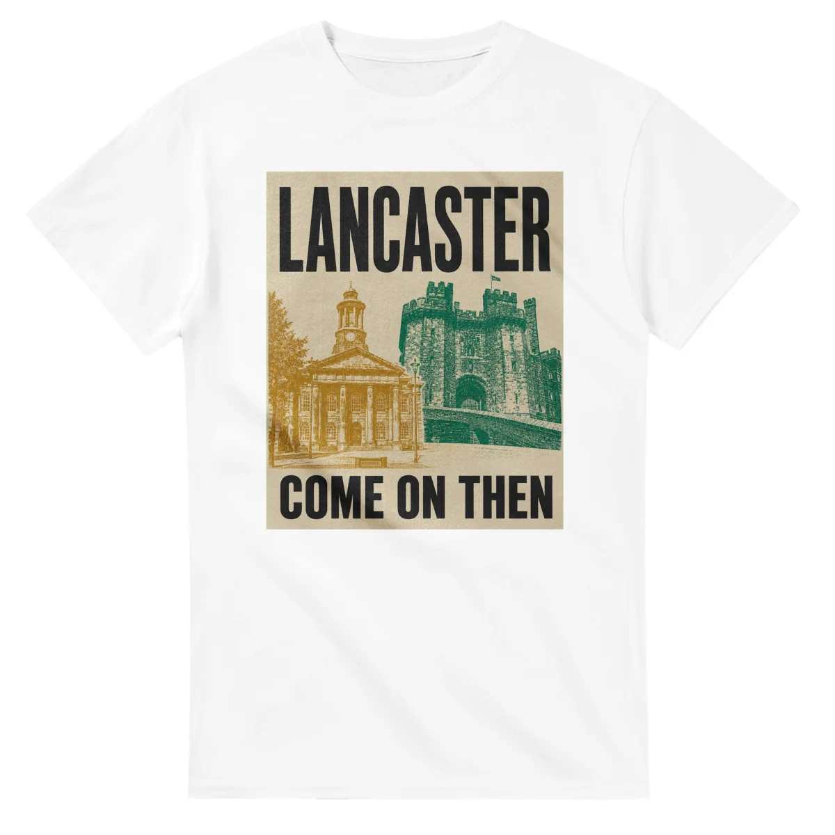 Two-colour scenic illustration for Lancaster, with the place name and COME ON THEN lettering.