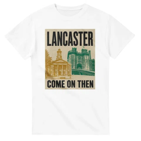 Two-colour scenic illustration for Lancaster, with the place name and COME ON THEN lettering.
