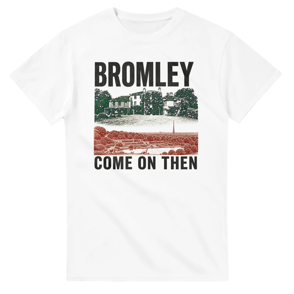 Two-colour scenic illustration for London Borough of Bromley, with the place name and COME ON THEN lettering.