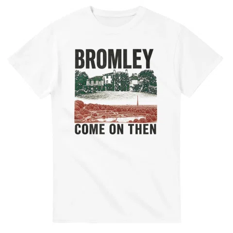 Two-colour scenic illustration for London Borough of Bromley, with the place name and COME ON THEN lettering.