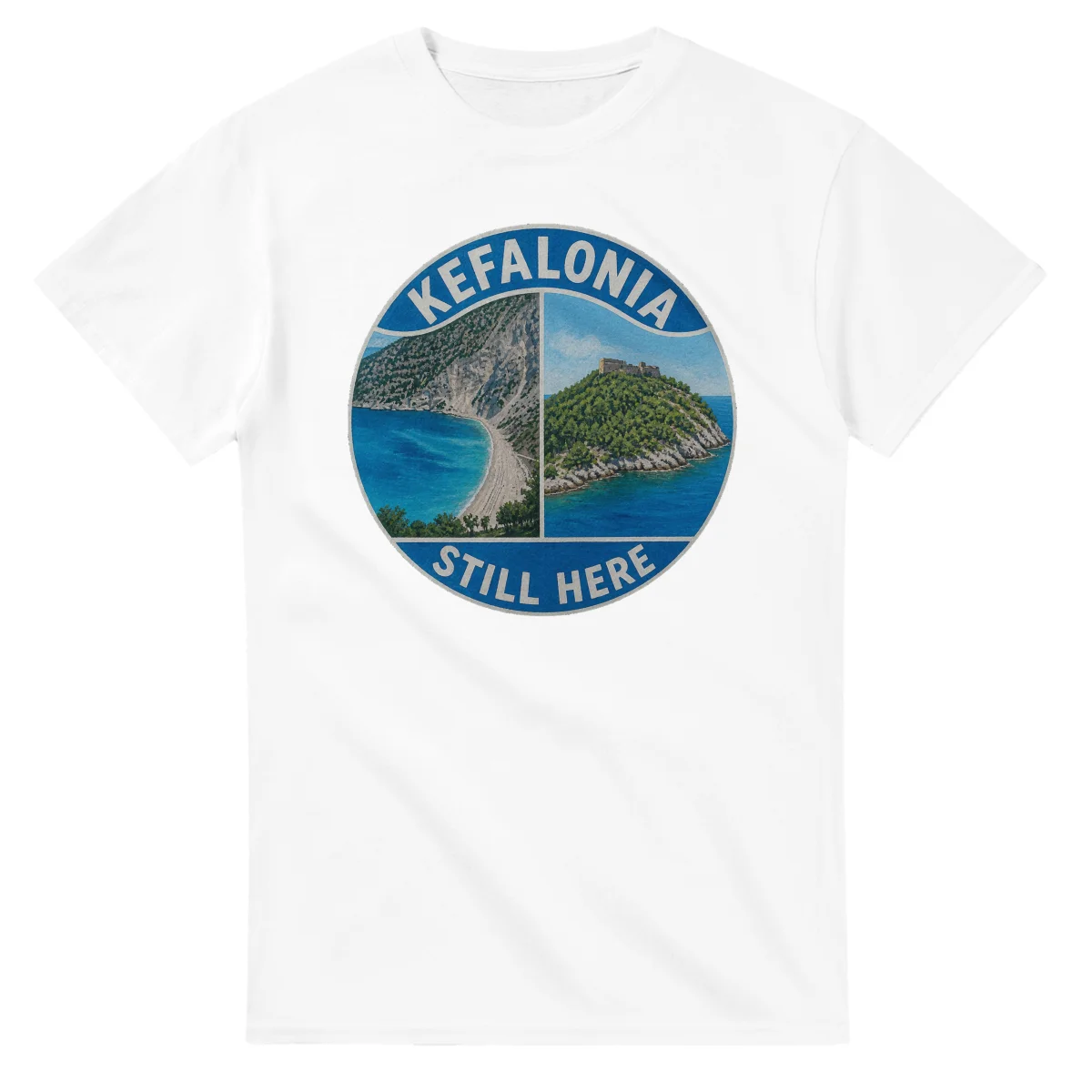 Painted, panelled scenic illustration for Kefalonia, with paired local scenes and the place name in lettering.