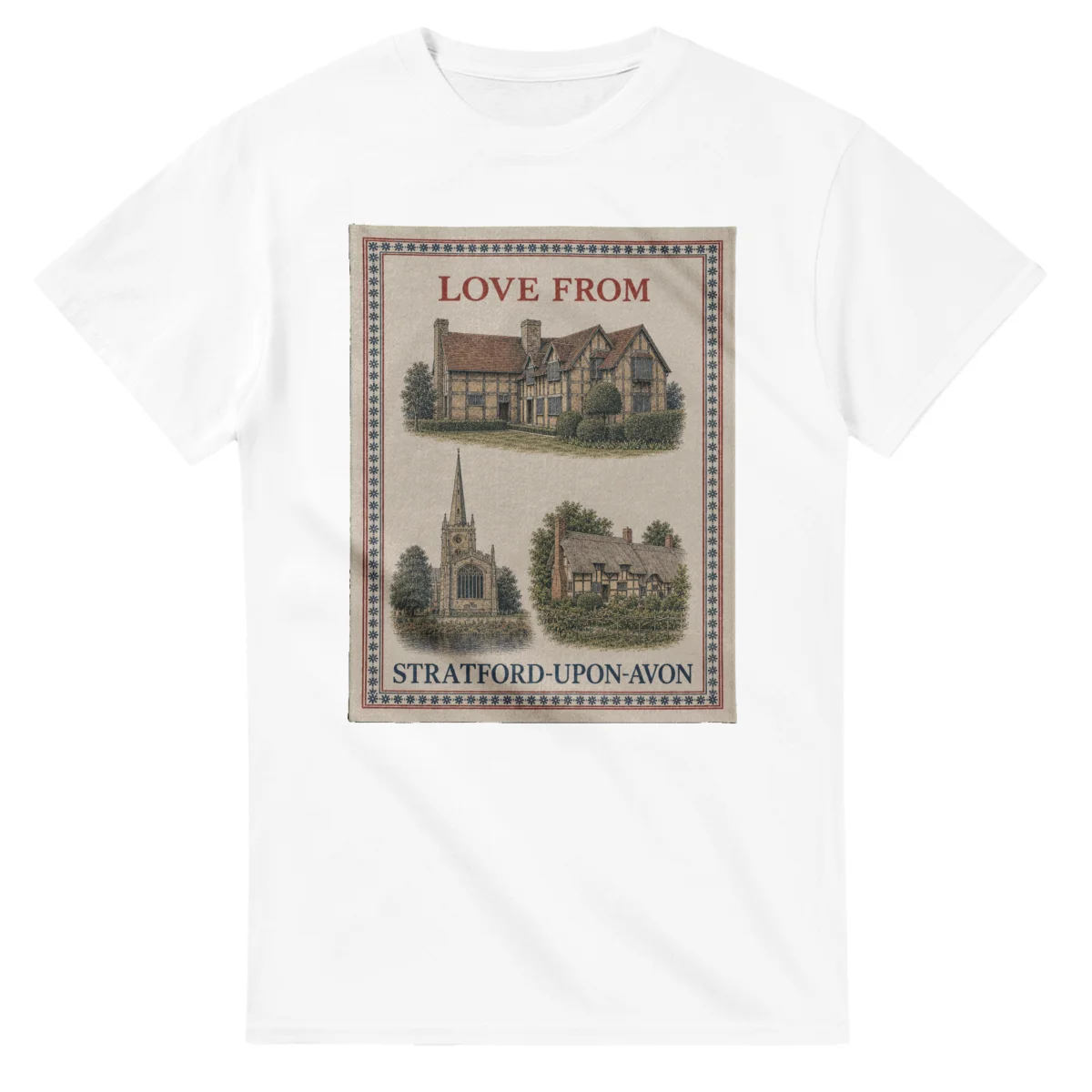 Framed scenic design for Stratford-upon-Avon, with several local views, a decorative border and LOVE FROM lettering.