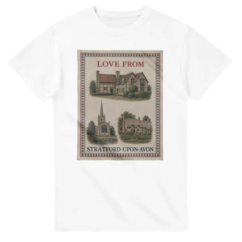 Framed scenic design for Stratford-upon-Avon, with several local views, a decorative border and LOVE FROM lettering.