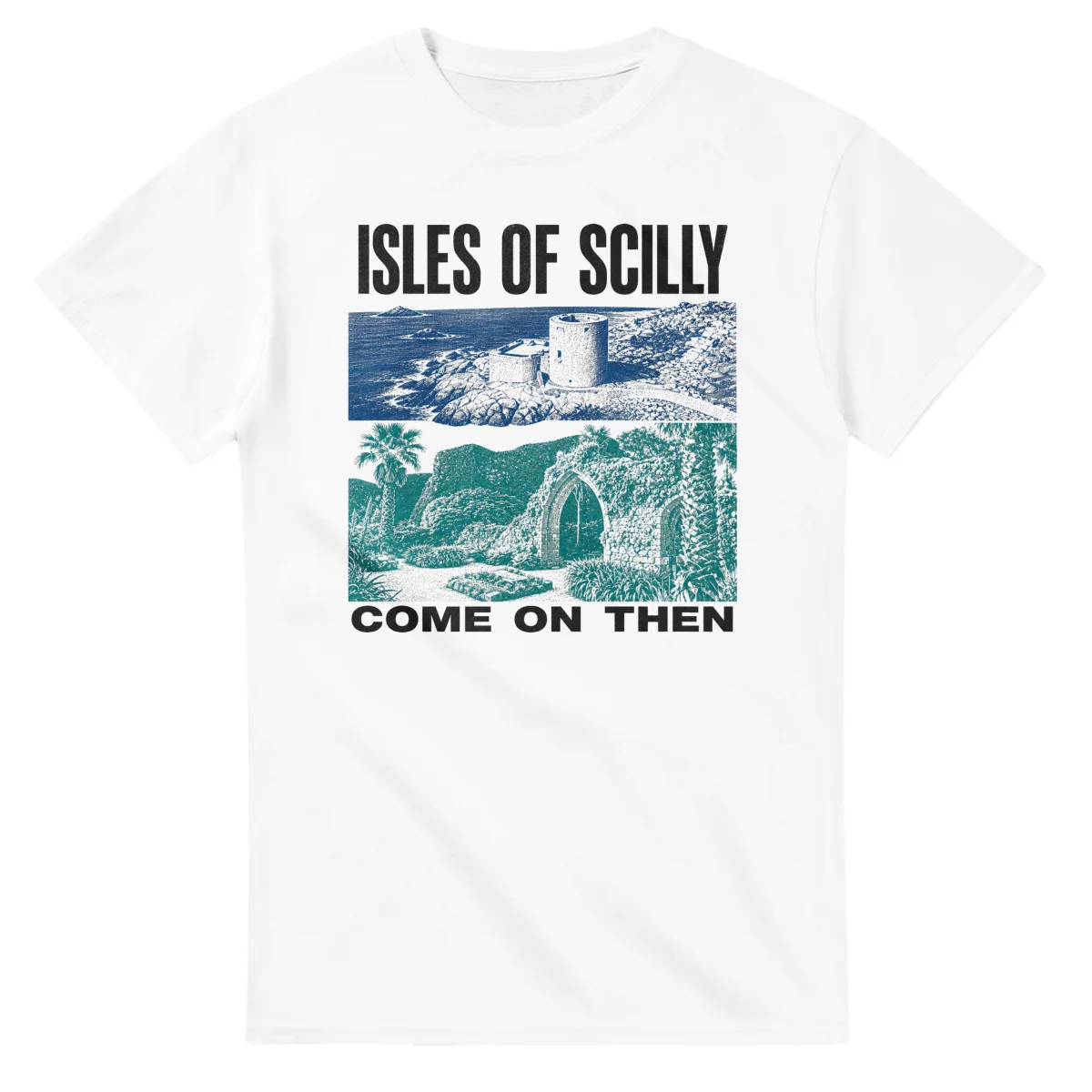 Two-colour scenic illustration for Isles of Scilly, with the place name and COME ON THEN lettering.