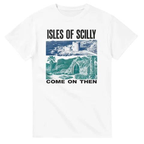 Two-colour scenic illustration for Isles of Scilly, with the place name and COME ON THEN lettering.