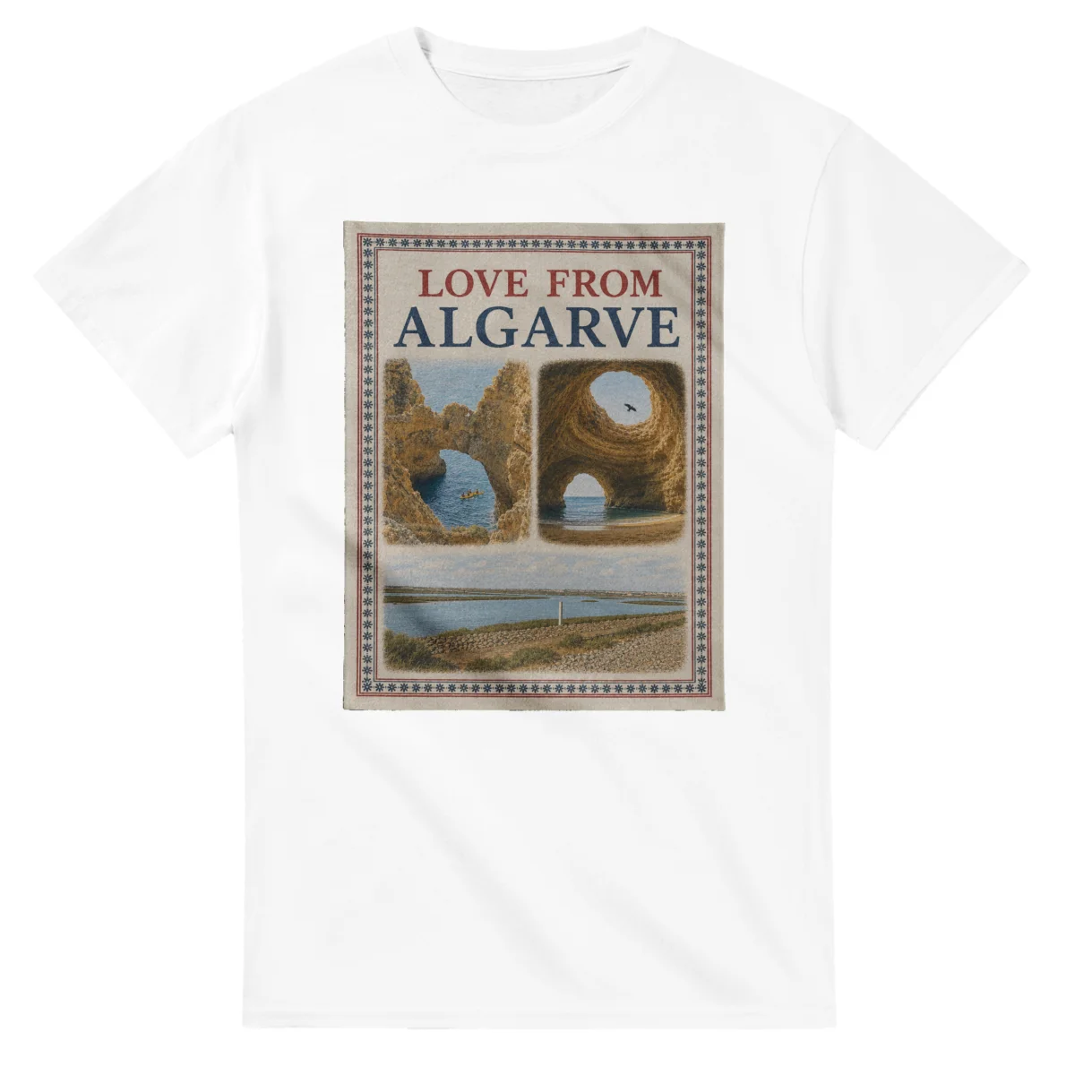 Framed scenic design for Algarve, with several local views, a decorative border and LOVE FROM lettering.