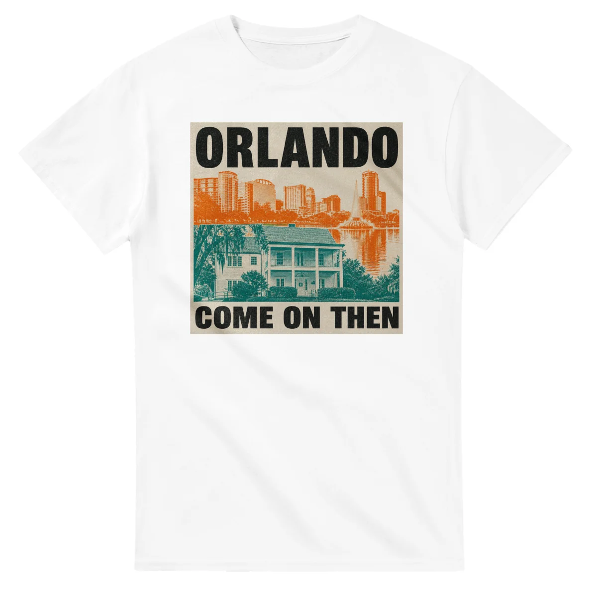 Two-colour scenic illustration for Orlando, with the place name and COME ON THEN lettering.