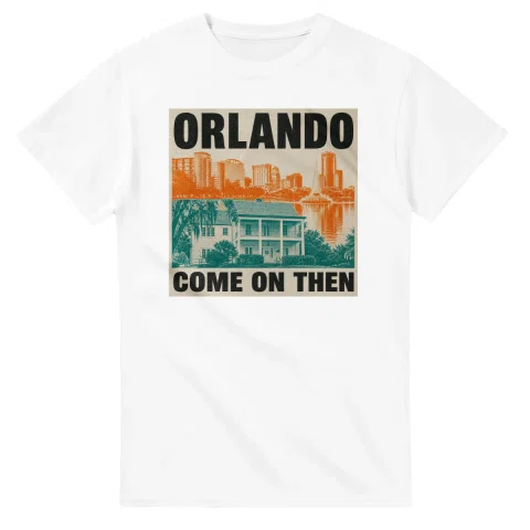 Two-colour scenic illustration for Orlando, with the place name and COME ON THEN lettering.