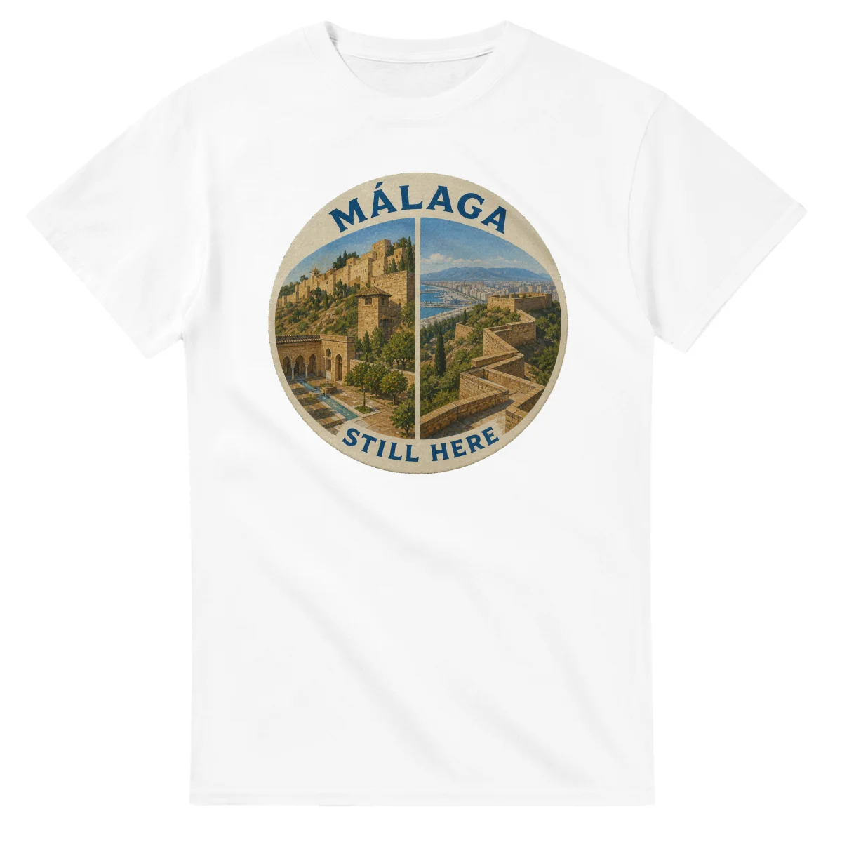 Painted, panelled scenic illustration for Málaga, with paired local scenes and the place name in lettering.