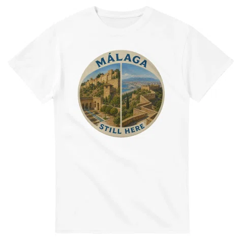 Painted, panelled scenic illustration for Málaga, with paired local scenes and the place name in lettering.