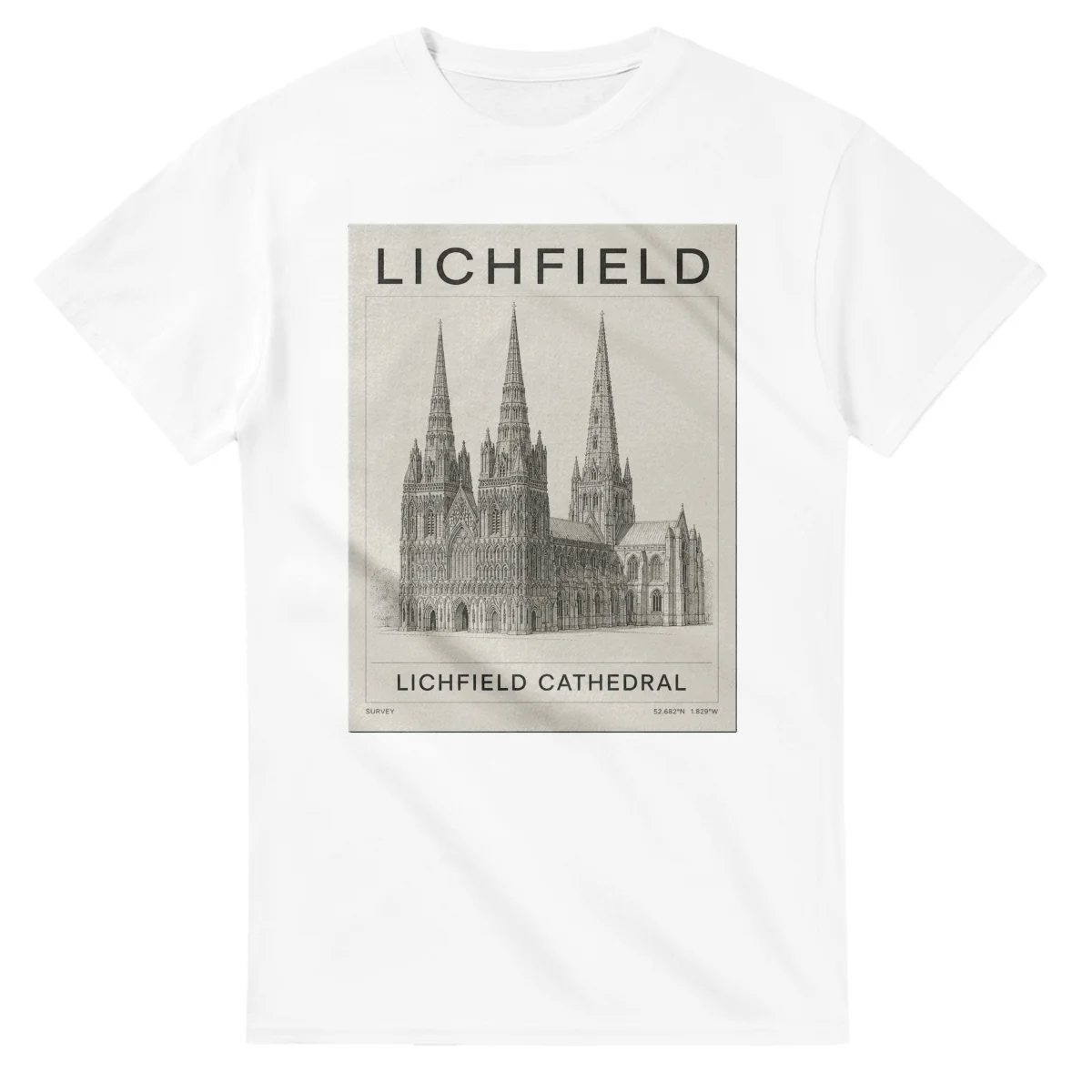 Fine-line engraving-style drawing for Lichfield, with a landmark caption and small coordinate text.