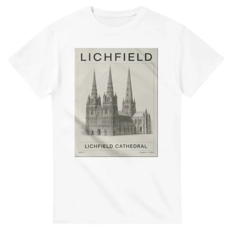 Fine-line engraving-style drawing for Lichfield, with a landmark caption and small coordinate text.