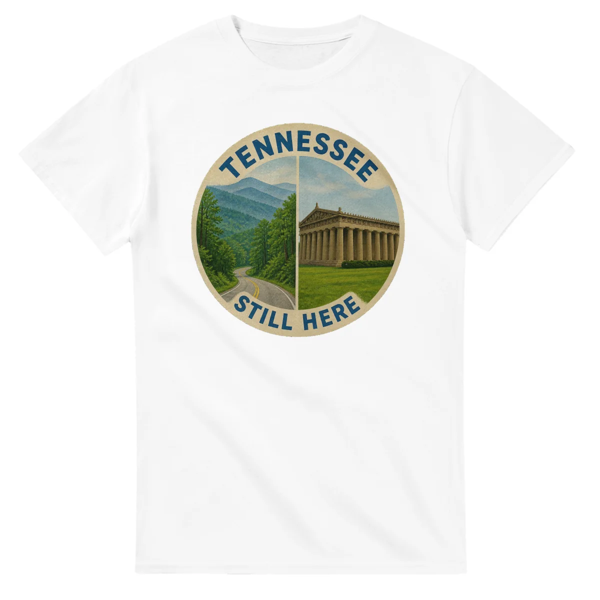 Painted, panelled scenic illustration for Tennessee, with paired local scenes and the place name in lettering.