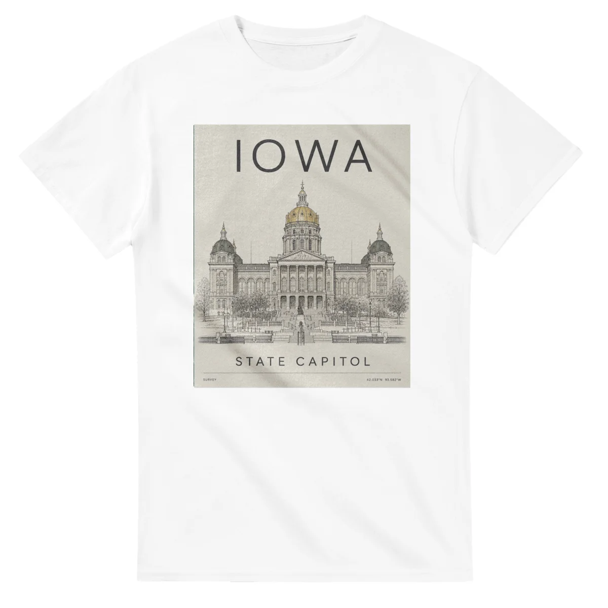 Fine-line engraving-style drawing for Iowa, with a landmark caption and small coordinate text.